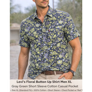 Levi's Floral Button Up Shirt Men XL Blue Green Short Sleeve Cotton